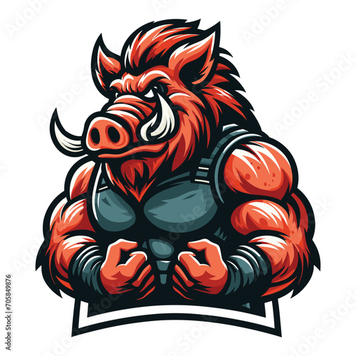 wild beast strong muscle hog boar pig mascot design vector illustration, logo template isolated on white background