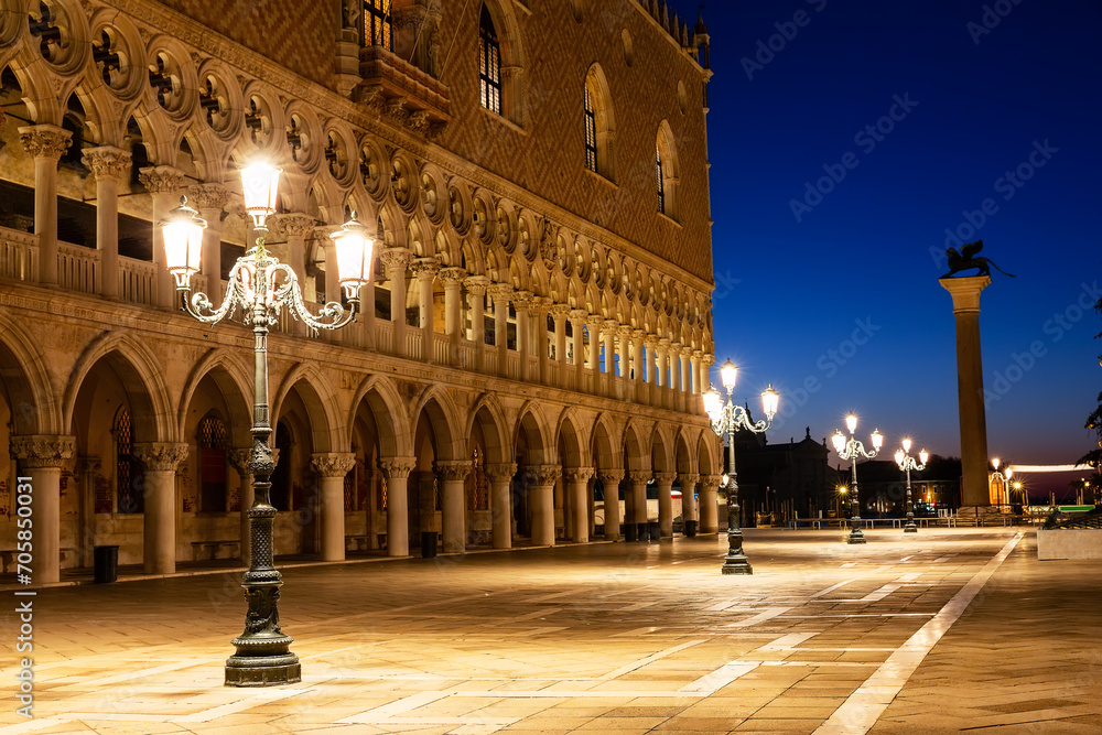 Doge`s Palace or Palazzo Ducale on St Mark`s square in the Venice city center at night.