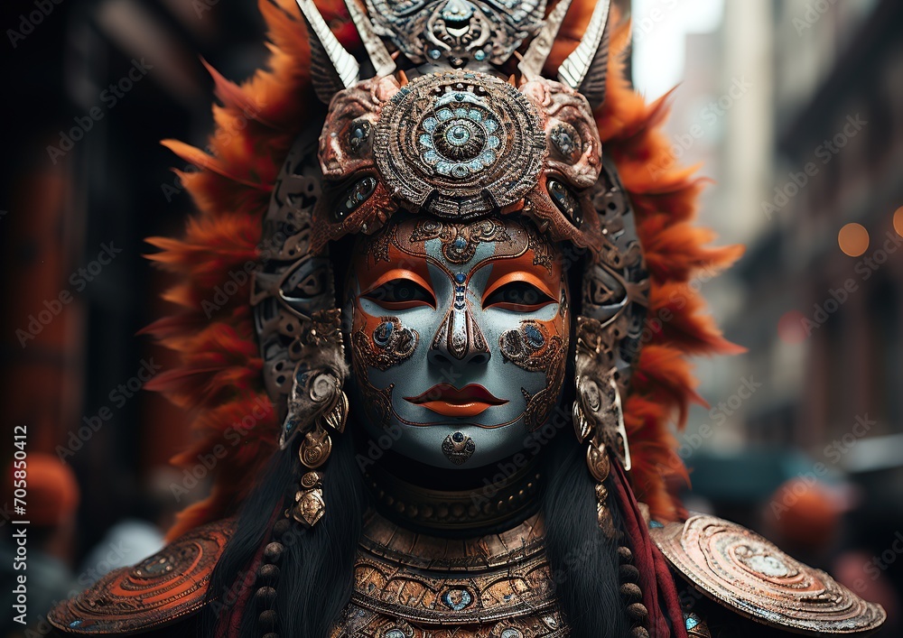 Woman in an elaborate tribal mask with feathers and detailed metalwork