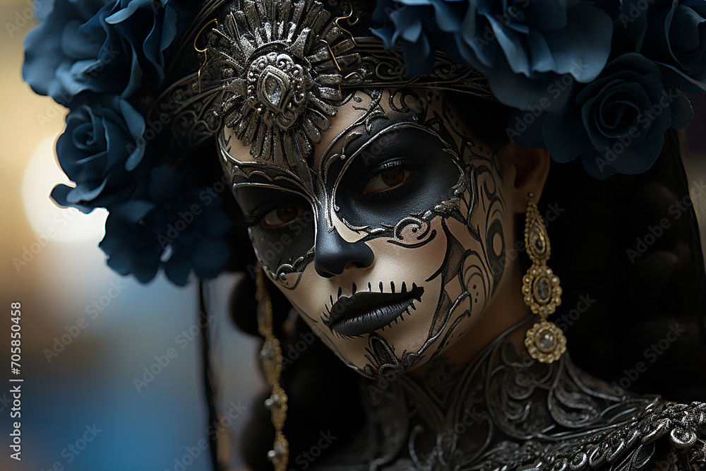 Dia de los Muertos. Portrait of a Latina young woman with makeup at the Day of the Dead festival