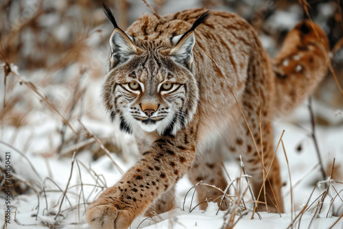 A Lynx in a stealthy prowling stance