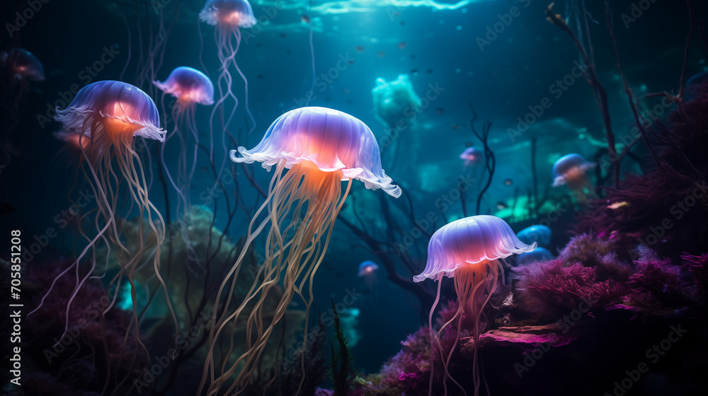 A high-quality photo captures the essence of a surreal underwater realm, where bioluminescent flora and enchanting sea creatures combine to form a mesmerizing world beneath the ocean's surface. A high-quality photo captures the essence of a surreal underwater realm, where bioluminescent flora and enchanting sea creatures combine to form a mesmerizing world beneath the ocean's surface.