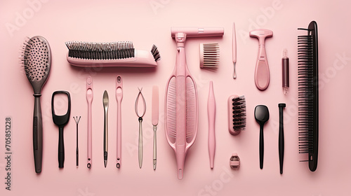 Professional tools for hair dyeing on pink background