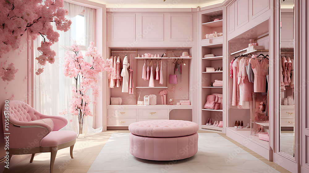 Luxury wardrobe in pink tones, stylish clothes organised on shelves in a large walk-in closet interior. - obrazy, fototapety, plakaty 