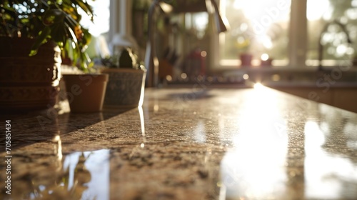 Morning light reflects on the polished surface of a luxurious granite kitchen counter.