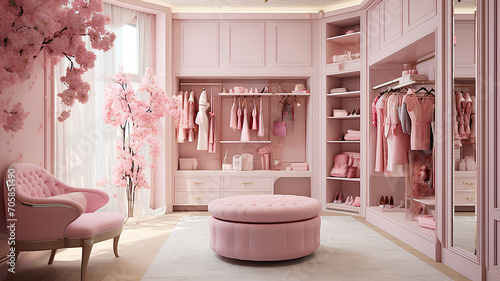 Luxury wardrobe in pink tones, stylish clothes organised on shelves in a large walk-in closet interior. photo