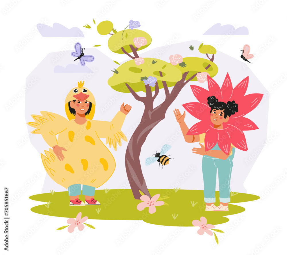 Easter spring design element for cards and posters, kids party invitations with cute children cartoon characters, flat vector illustration. Easter card or banner backdrop.