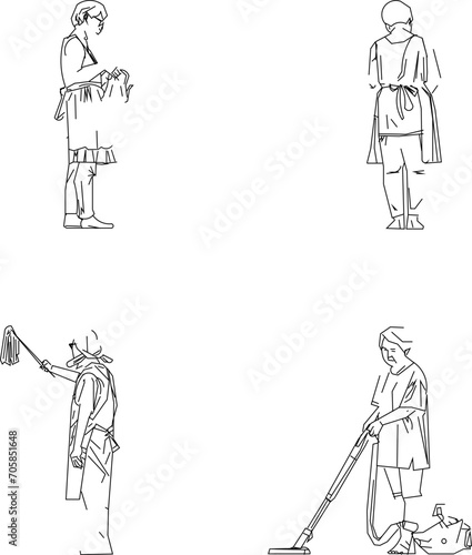 Vector sketch illustration design of domestic worker cleaning the house