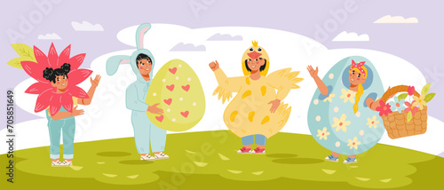 Easter background with cute children cartoon characters in costume of rabbit, flowers and chick in spring, flat vector illustration. Easter backdrop.