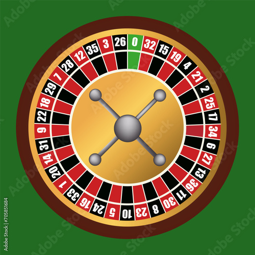 Casino gambling roulette wheel isolated on green background