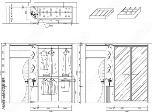 Vector sketch illustration of technical design of home wardrobe interior furniture