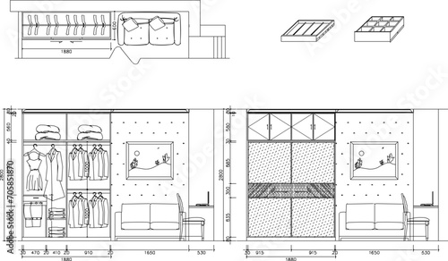 Vector sketch illustration of technical design of home wardrobe interior furniture