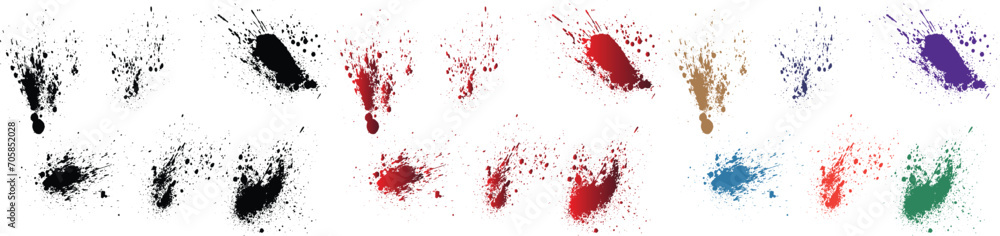 Grunge blood splatter purple, orange, black, red, green, wheat color vector background set