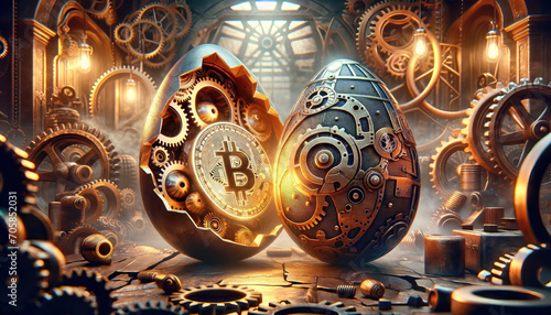 Bitcoin inside Easter egg in titanium steampunk theme with BTC symbol, financial market concept, digital currency, crypto, birth, generative ai