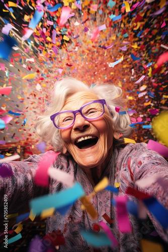 Timeless Celebration: Portrait of an Elderly Woman Amidst Confetti Festivities