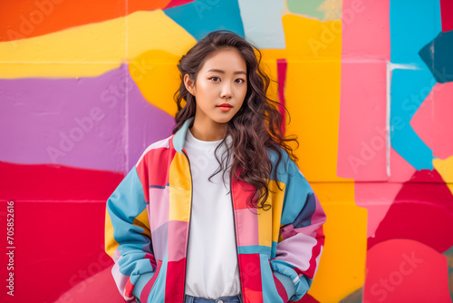Asian young woman standing in front of a colorful wall