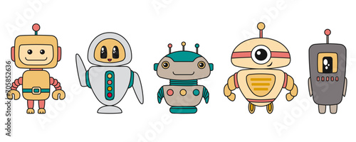 Cute Robots characters. Chatbots, AI bots mascots, digital cyborgs, futuristic technology service. Comic elements in trendy retro cartoon style. Vector illustration