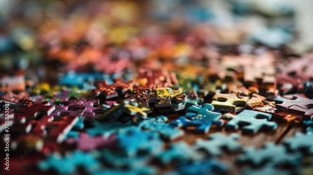 Colorful jigsaw puzzle is partially completed on table.