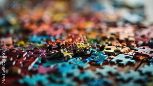 Colorful jigsaw puzzle is partially completed on table.