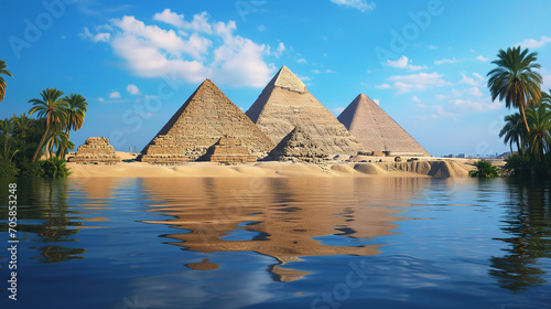 Pyramids in ancient Egypt during the flooding of the Nile. photo