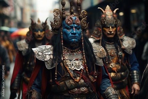 Fotografia Majestic figures in ornate armor dominate the frame with a striking blue visage