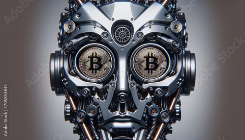 Close up robot face with Bitcoin symbol in both eyes, digital world, crypto currency, generative ai, future concept, web3, decentralized finance