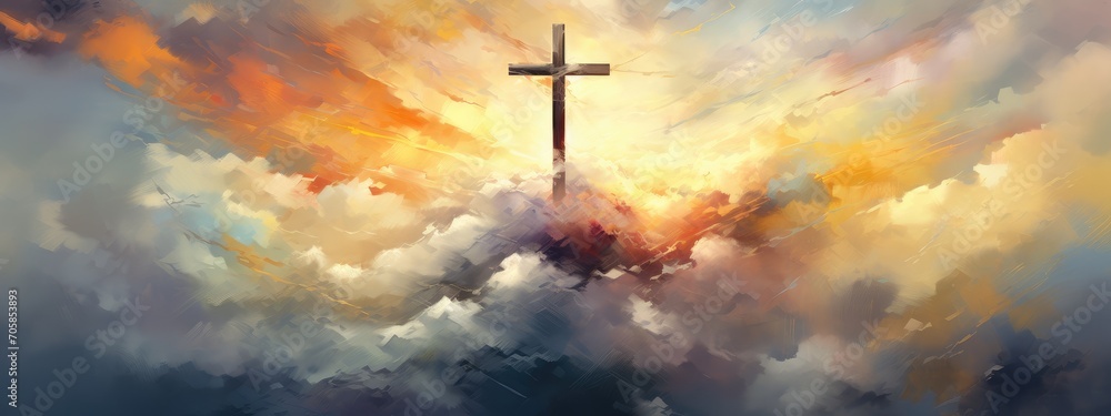Obraz premium Vibrant Expression of Faith: A Digital Artistic Rendition of the Cross at Sunset - Generative AI