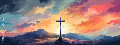 Vibrant Expression of Faith: A Digital Artistic Rendition of the Cross at Sunset - Generative AI