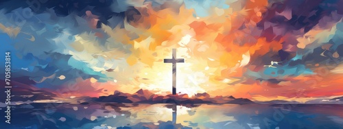 Vibrant Expression of Faith: A Digital Artistic Rendition of the Cross at Sunset - Generative AI