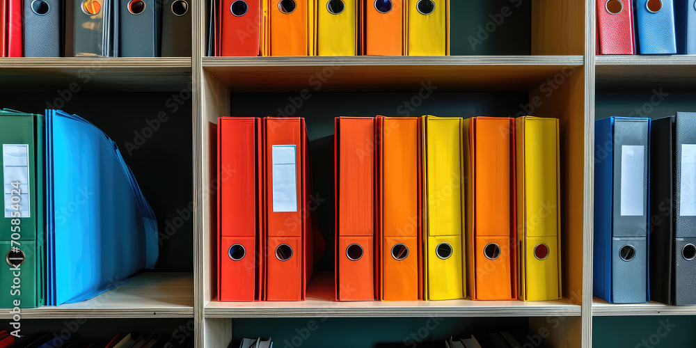 Closeup Bookshelf with colorful rainbow folders. Wallpaper with straight view of open bookcase. Modern interior design backdrop. Closeup Bookshelf with colorful rainbow folders. Wallpaper with straight view of open bookcase. Modern interior design backdrop.
