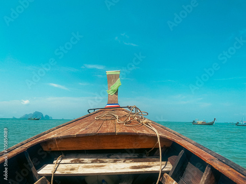 Point of view sitting inside long tail boat looking out to the sea in Southern Thailand.