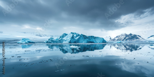 Glacier melting into the ocean. Climate change concept, global warming. Massive icebergs, deep blue water, cold air. 
