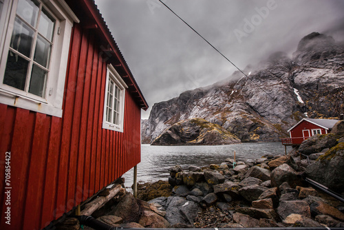 Famous red house on Lofoten islands , Village name A , Norway