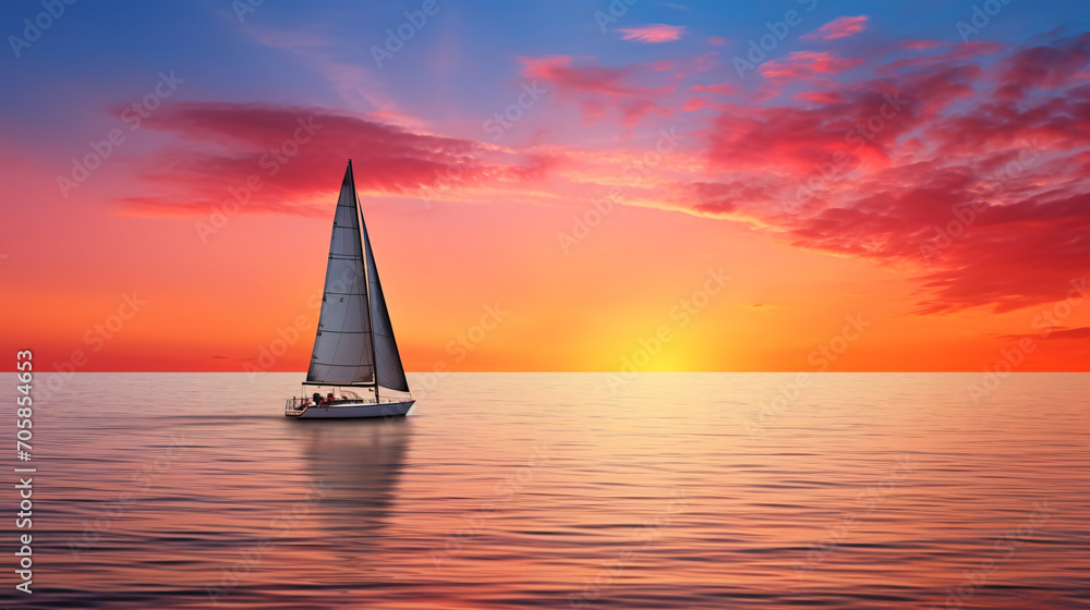 A lone sailboat on a vast tranquil ocean at sunset.