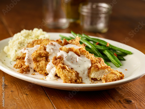 Chicken Fried Chicken Plater with Green Beans and Mashed Potatoes 