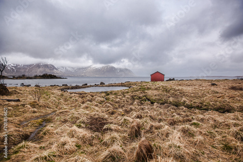 Famous red house staning alone somewhere on Lofoten islands , Norway