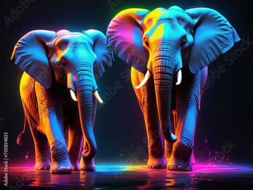 Two elephants with rainbow effect