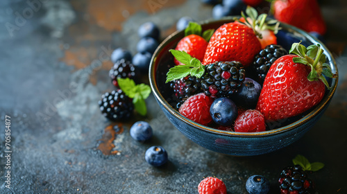 Juicy berries in a bowl  fruit background  copy space  vibrant