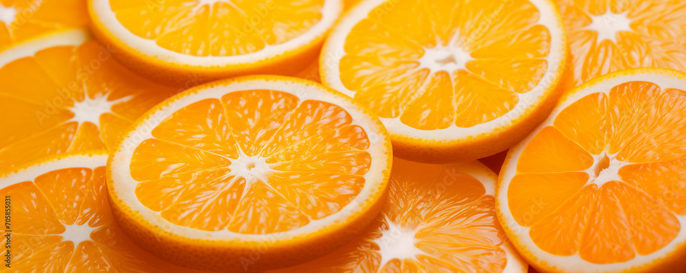 Tasty and juicy orange slices, fresh fruit background full of vitamins and energy - obrazy, fototapety, plakaty 