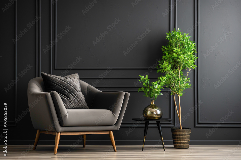 Embrace comfort with a dark color single sofa chair adorned with a cute little plant, against a minimalist solid wall featuring a blank empty frame for your personalized touch.