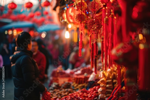 Celebration in Motion  Chinese New Year Shopping - Shoppers Bustling Through a Vibrant Market  Selecting Lucky Red Decorations  Gifts  and Festive Items to Celebrate the New Year.  