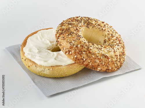 Everything Bagle with Cream Cheese on Napkin