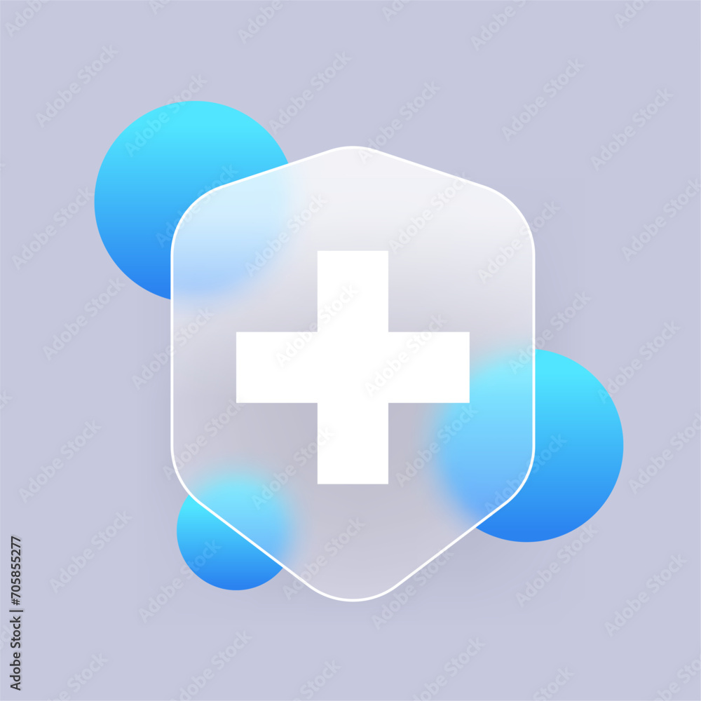 Fototapeta premium Glass icon of Shield with white cross. Glass morphism vector symbol of protection against viruses and diseases