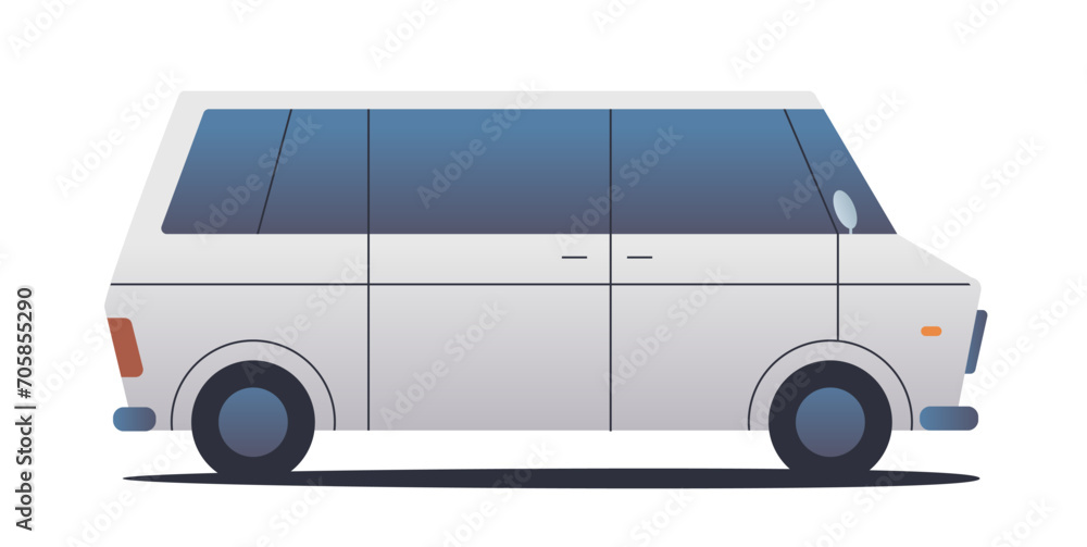 Simple white mini bus on isolated background. Flat vector icon