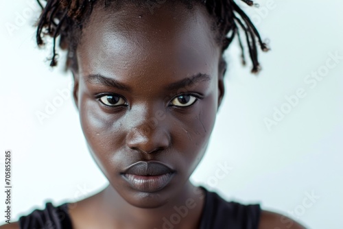 Dramatic portrait of an African woman, intense and powerful, white background © furyon