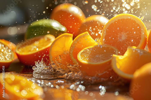 Citrus explosion with oranges and lemons, fruit background, copy space, zesty