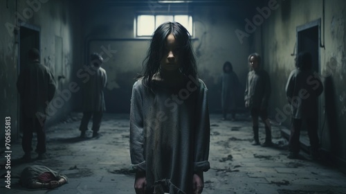 Little sad girl hidden or locked in the basement. Human trafficking and slavery concept. Human abuse. Child abusing. non-existent person generated by ai photo