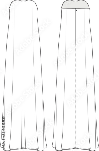 strapless sleeveless sheath long maxi dress template technical drawing flat sketch cad mockup fashion woman design style model photo