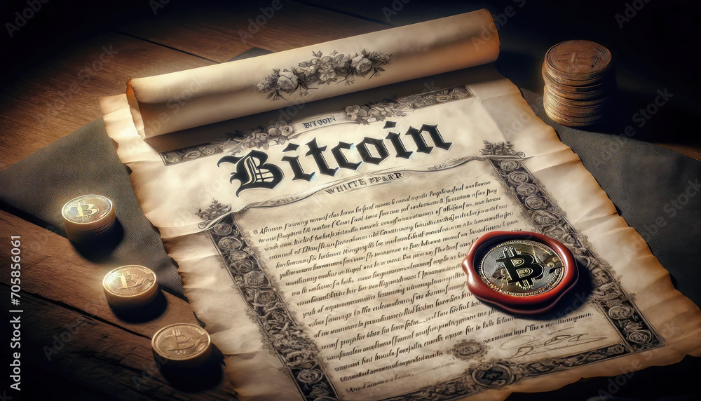 Bitcoin white paper in old fashioned style with bitcoin symbol stamped lac, peer to peer, digital currency, content or advertising, decentralized finance, generative ai - obrazy, fototapety, plakaty 