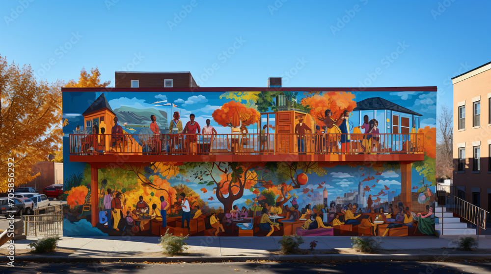 Obraz premium A mural in an urban setting depicting themes of social responsibility.